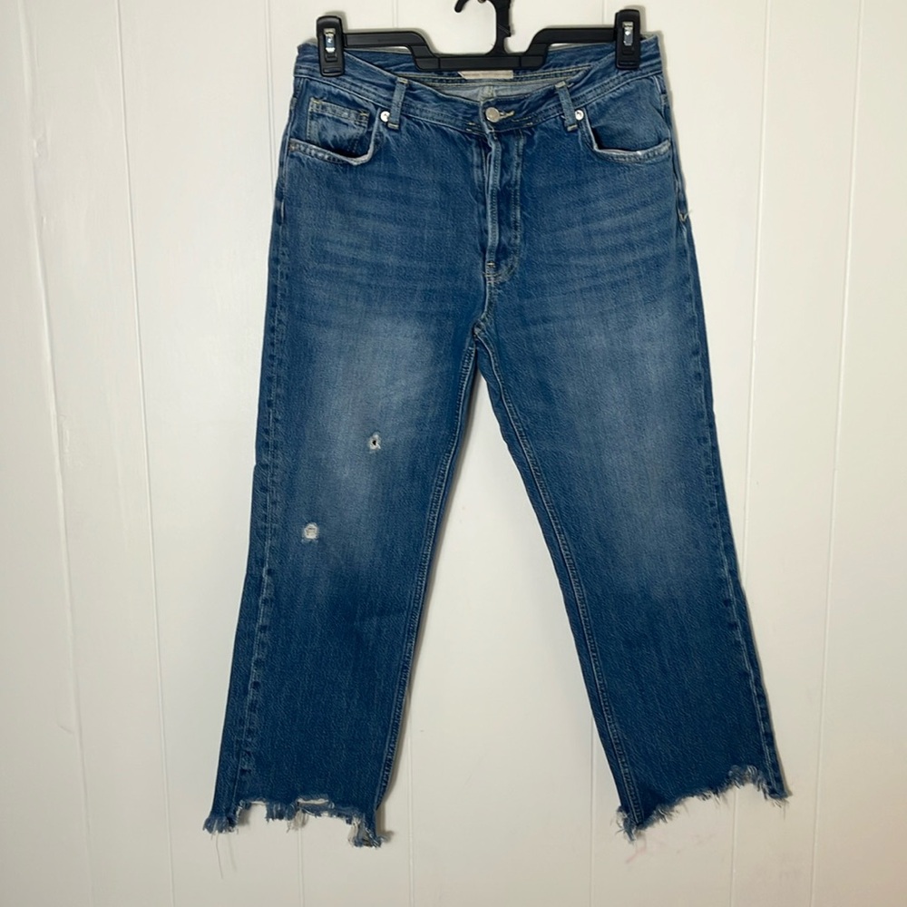 Free People We The Free mid‎ rise jeans 29 distressed frayed dark wash jean